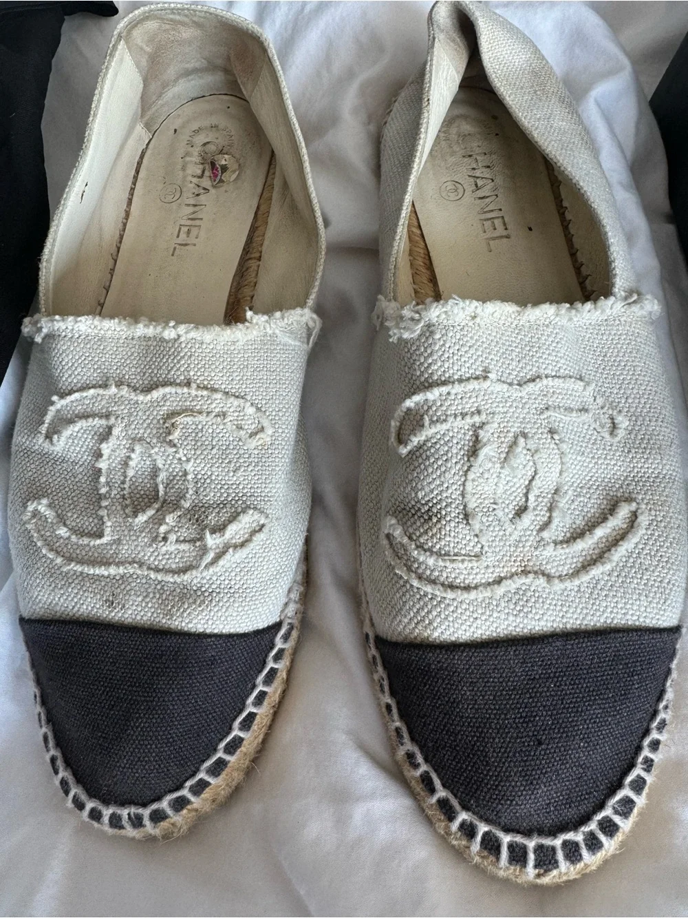 CHANEL Cream Canvas Espadrilles with Black Toe Cap